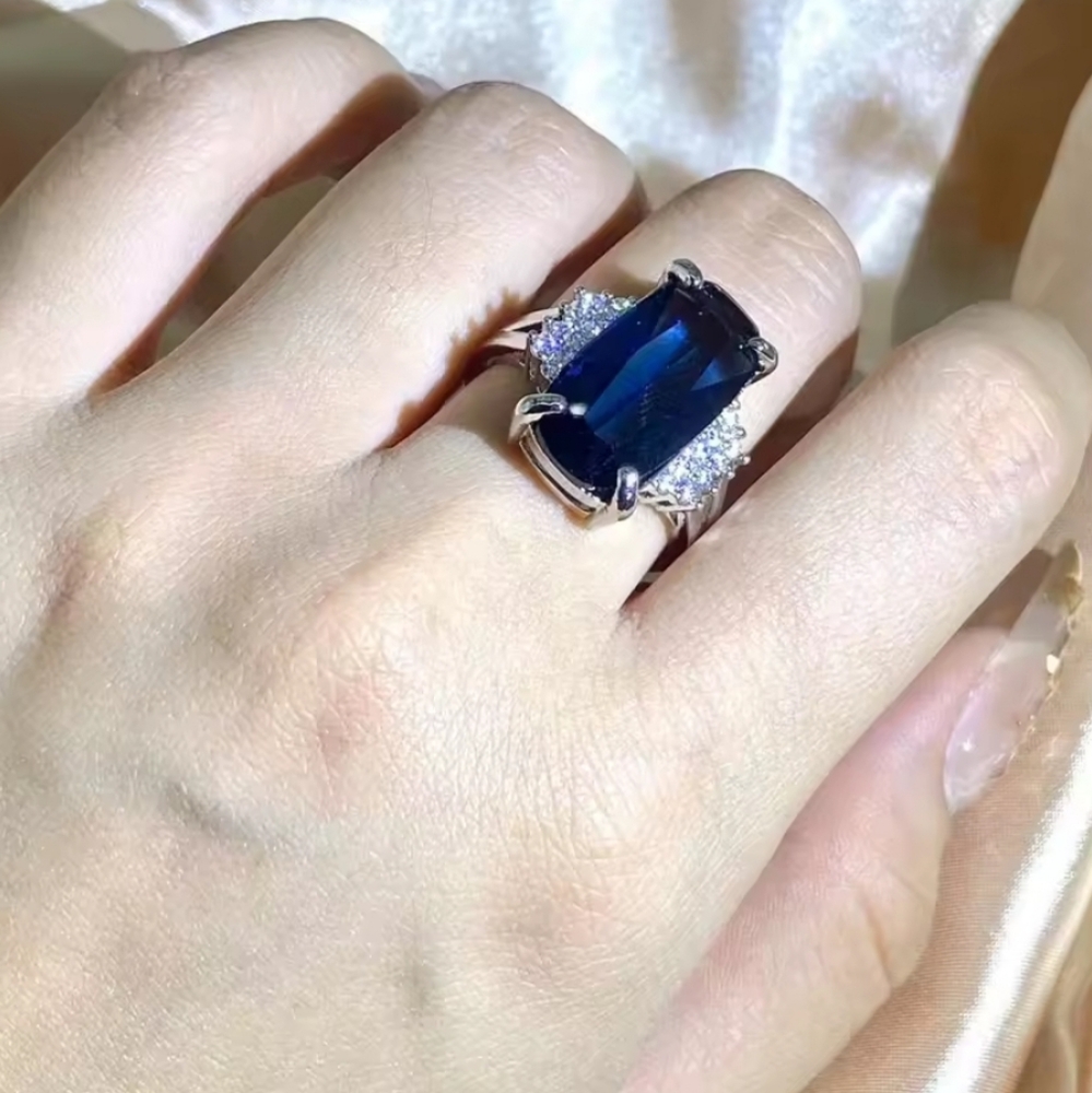 12 Ct 925 Silver Bridal Ring with Deep Blue Lab-created Sapphire Stone Sz 10